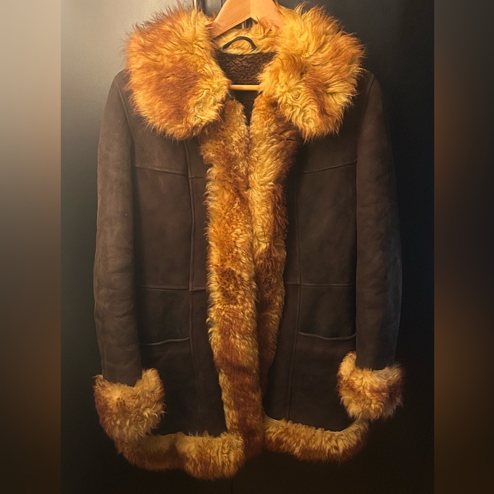 Brown Suede Hippie 70’s Vintage Penny Lane-style Coat with Faux Fur Trim